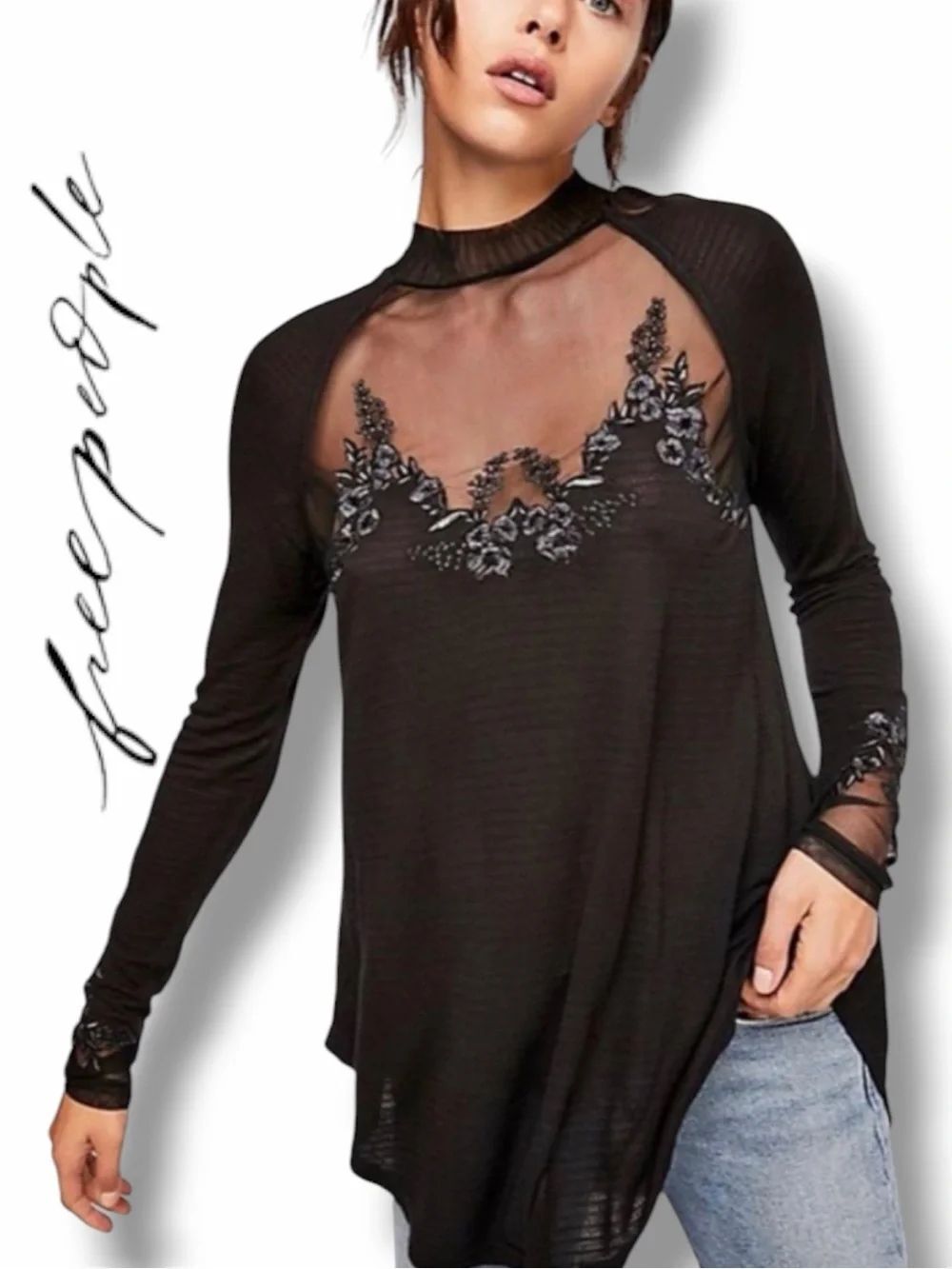 Free People Women’s Saheli Embroidered Mesh Tunic Top in the Size Large in Black